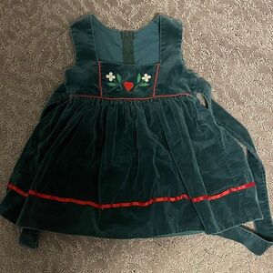 Green Velvet Kids Dress with Red Accents